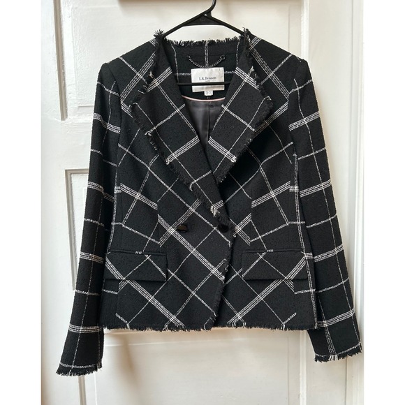 LK Bennett London Black Cream Zuri Tweed Frayed Edge Blazer Jacket US 8 - Picture 2 of 11